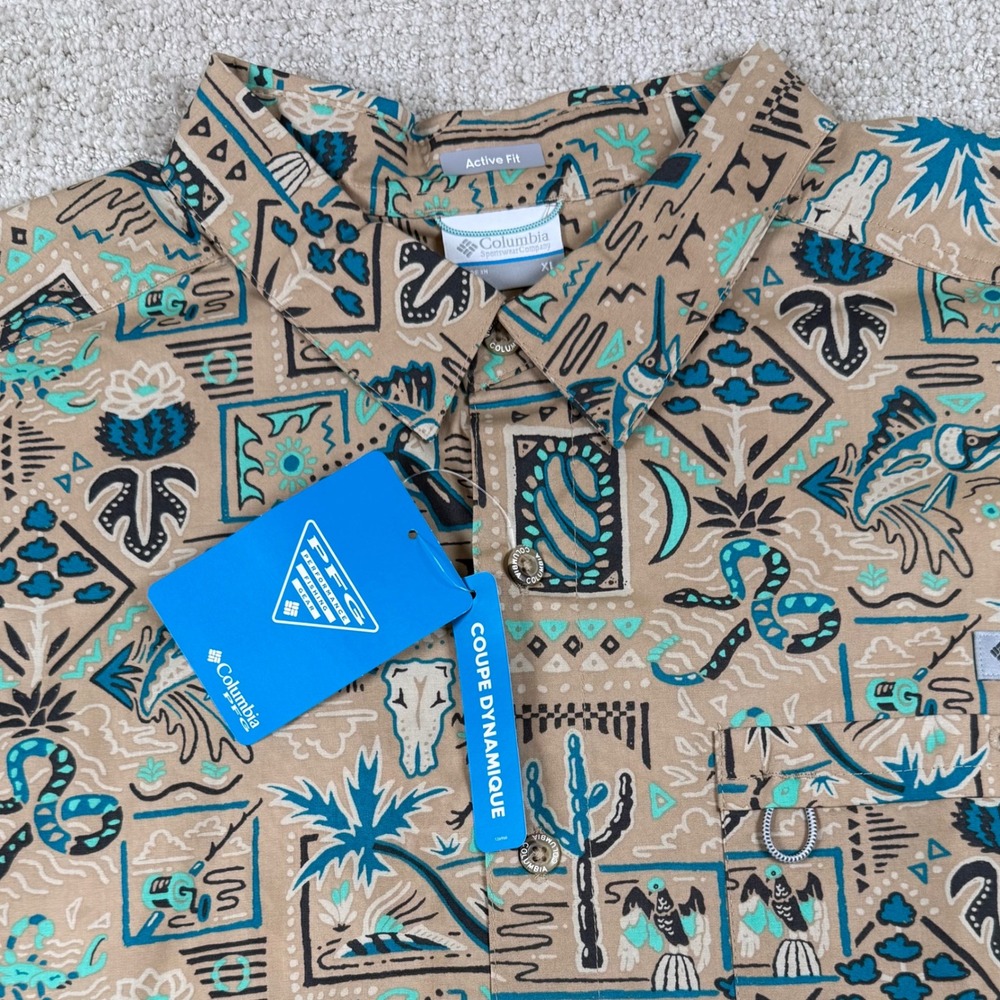 NEW Columbia Mens XL Brown Wild Cast PFG Active Fit Short Sleeve Camp Shirt